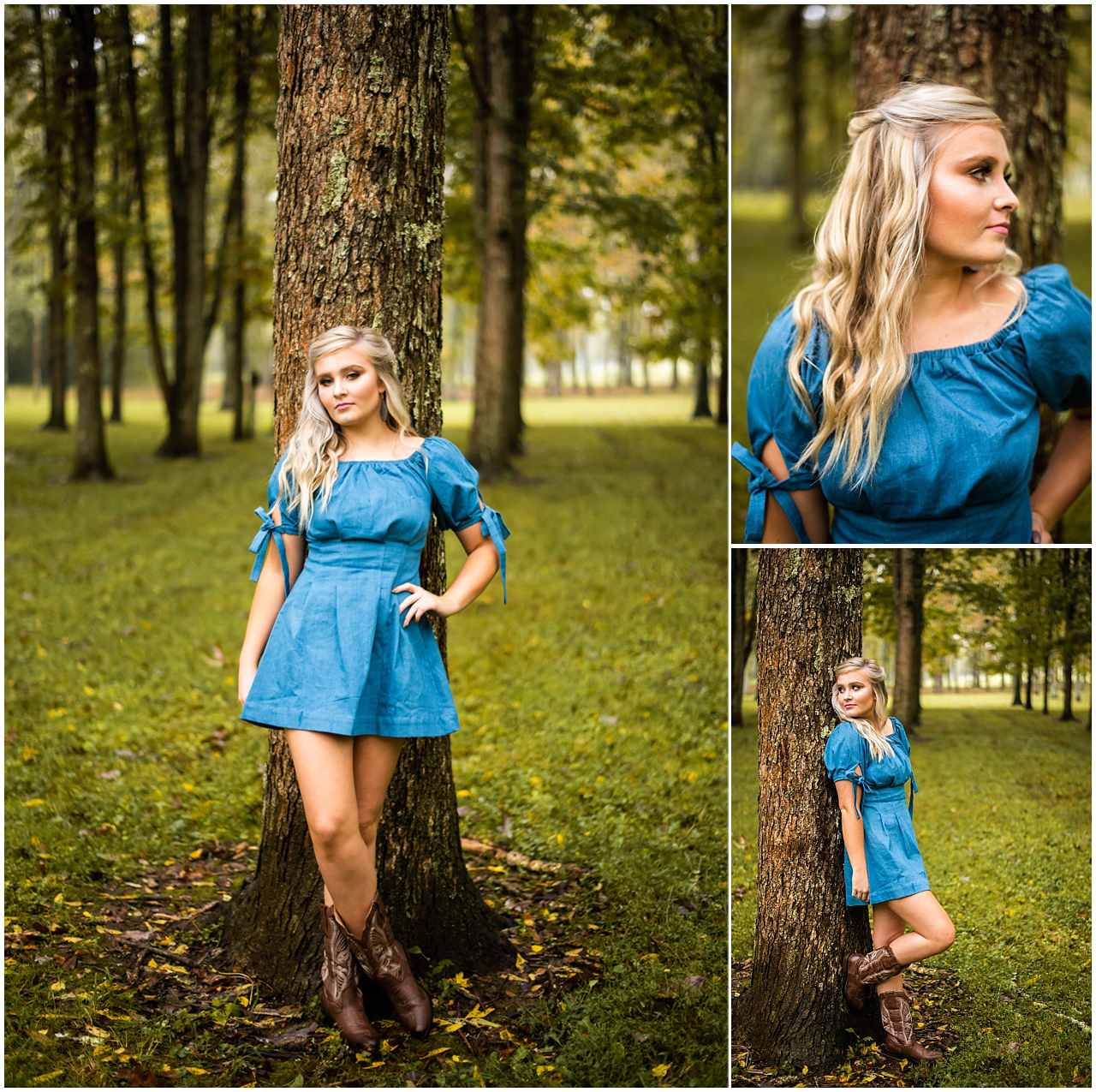 Blonde senior girl with blue eyes in blue dress with cowboy boots. Senior photos in field with trees lined up in East Tennessee. Rural Southern Photography.