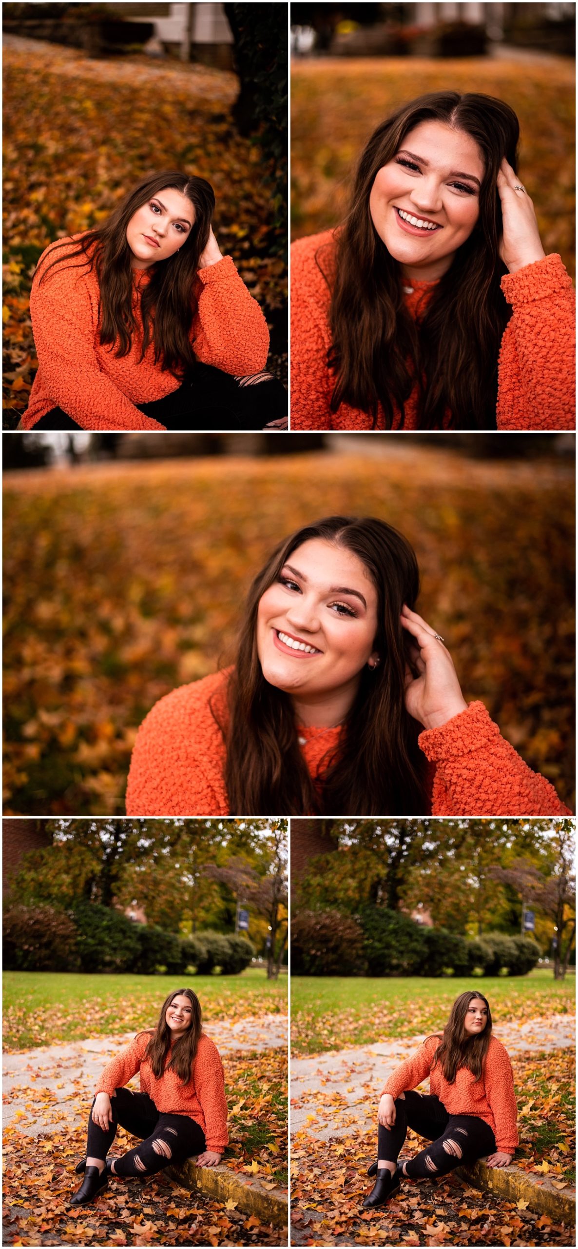 Senior photo taken by Rural Southern Photography of girl smiling at the camera in orange sweater sitting in the leaves and playing with her hair Knoxville, Tennessee.