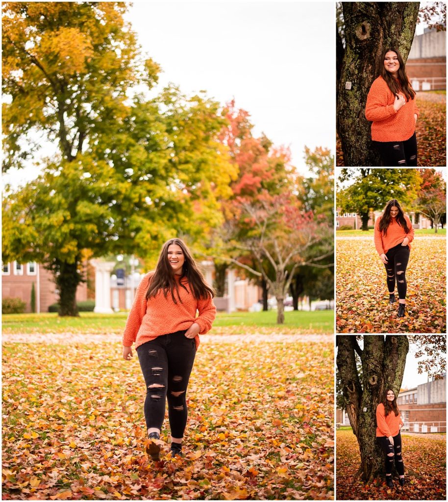 Girl in Knoxville, TN playing in the leaves for senior photos