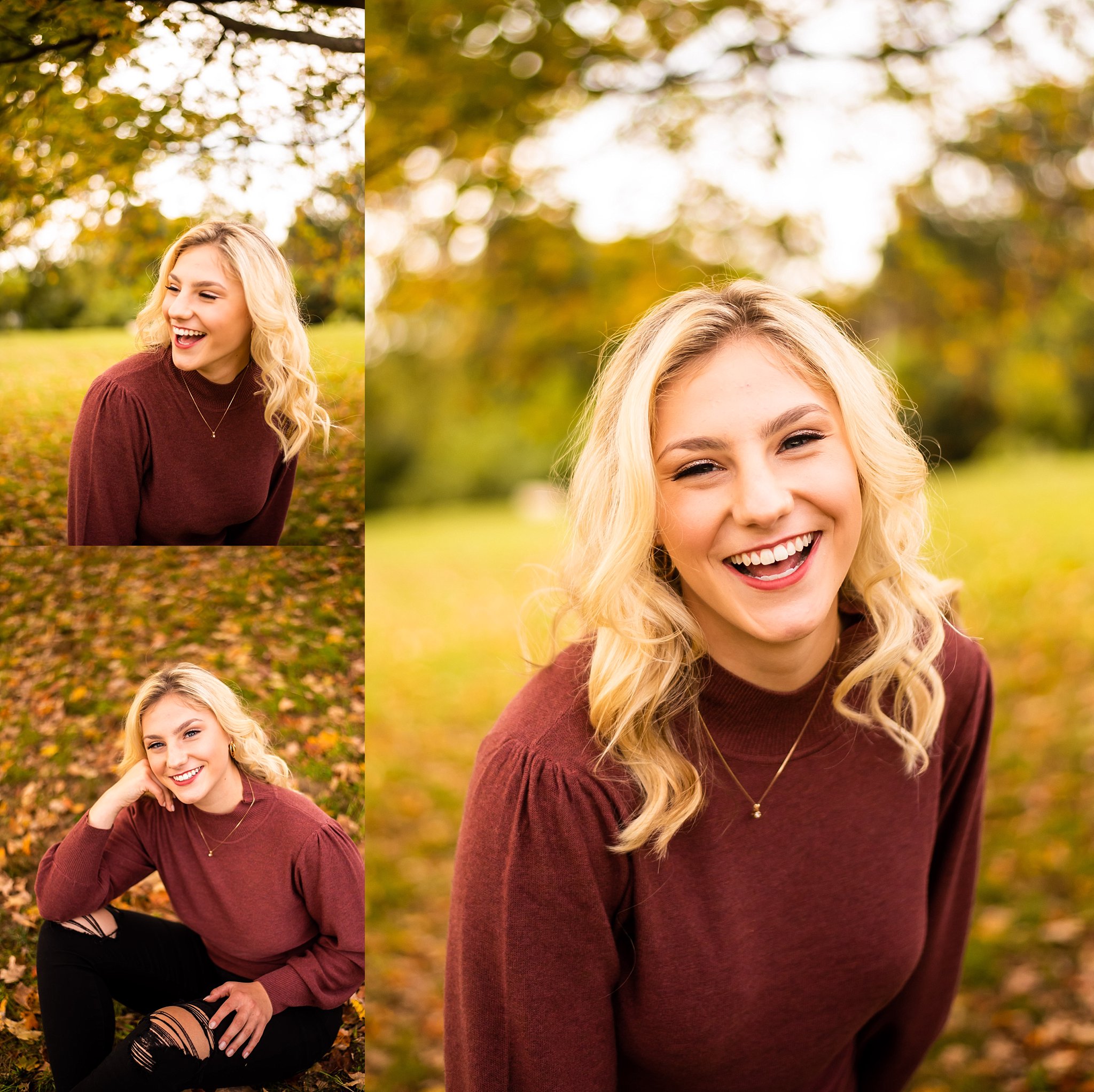 senior photo taken by rural southern photography in knoxville, tennessee. blonde girl in red sweater and black ripped jeans in field with fall leaves