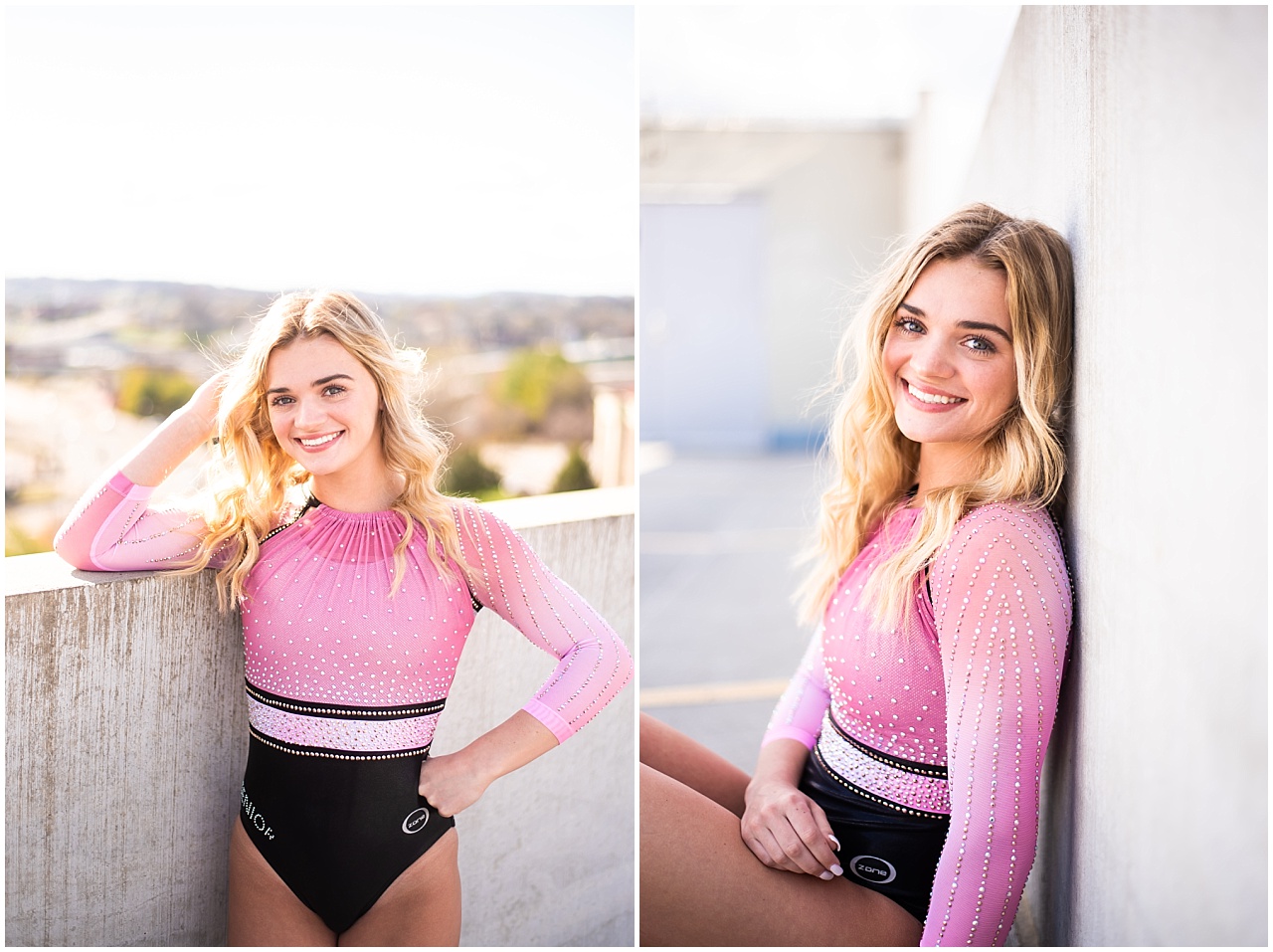 Blonde girl wearing pink and black gymnastic uniform on top of parking garage in downtown Knoxville, Tennessee.