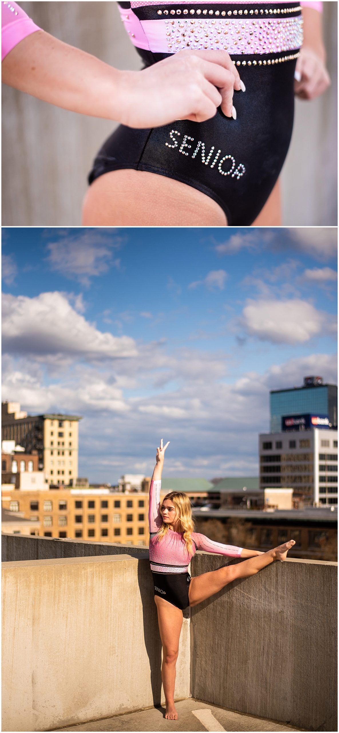 Blonde girl wearing pink and black gymnastic uniform on top of parking garage in downtown Knoxville, Tennessee.
