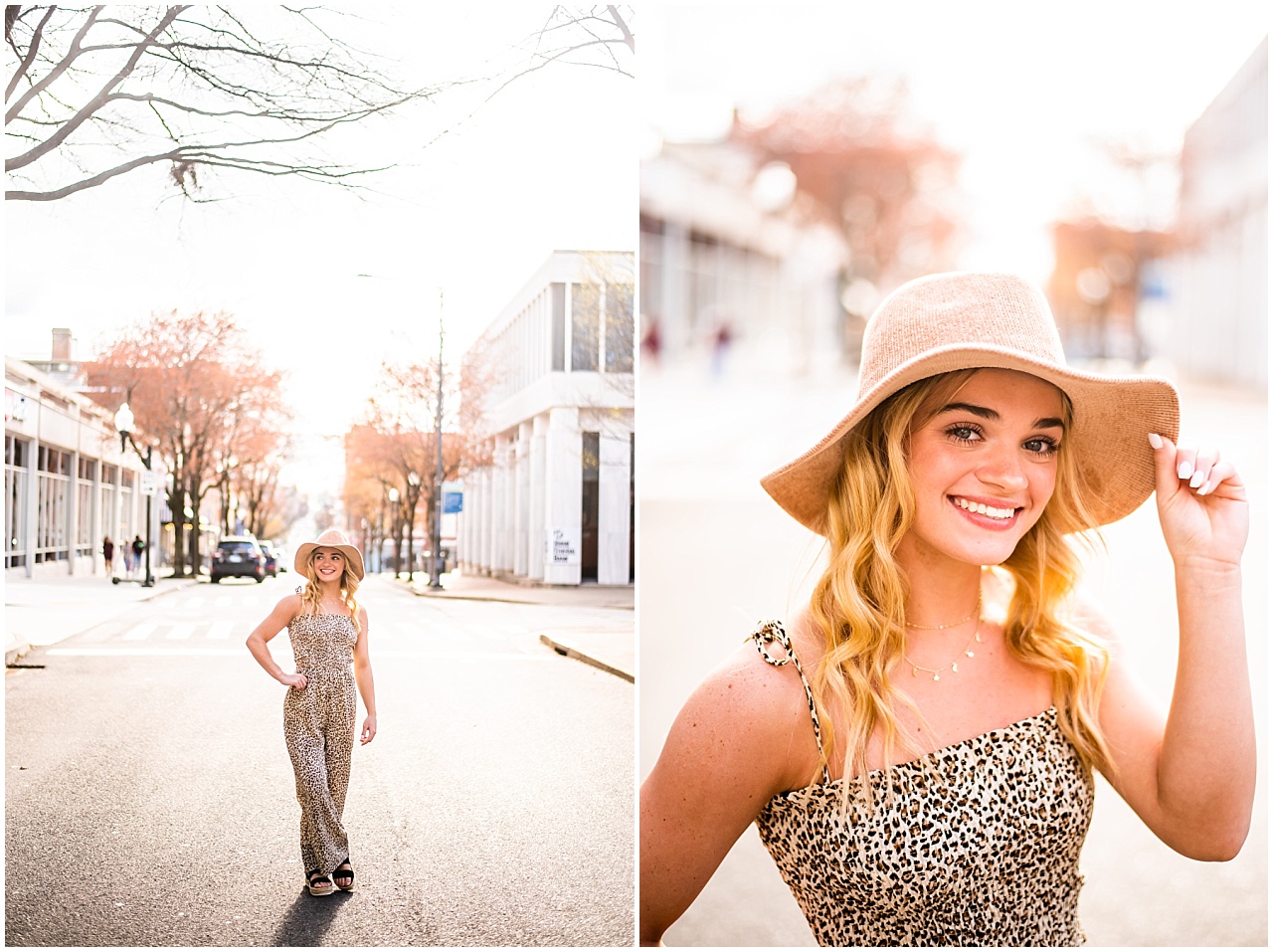 Blonde girl wearing leopard jumpsuit and brown hat in street in downtown Knoxville, Tennessee.