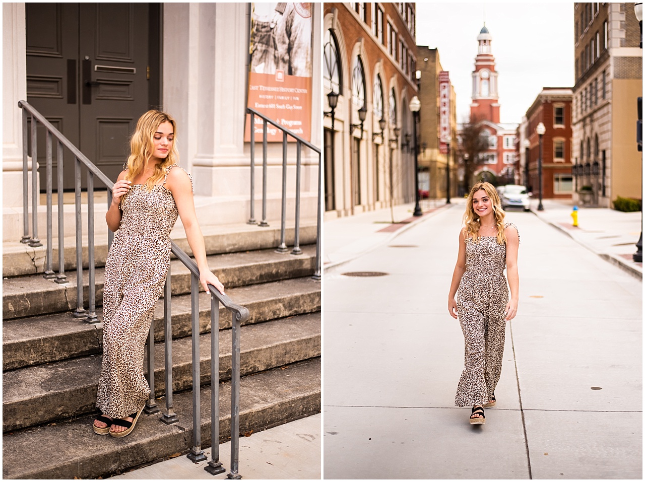 Blonde girl wearing leopard jumpsuit in sitting on sidewalk and standing in street in downtown Knoxville, Tennessee.