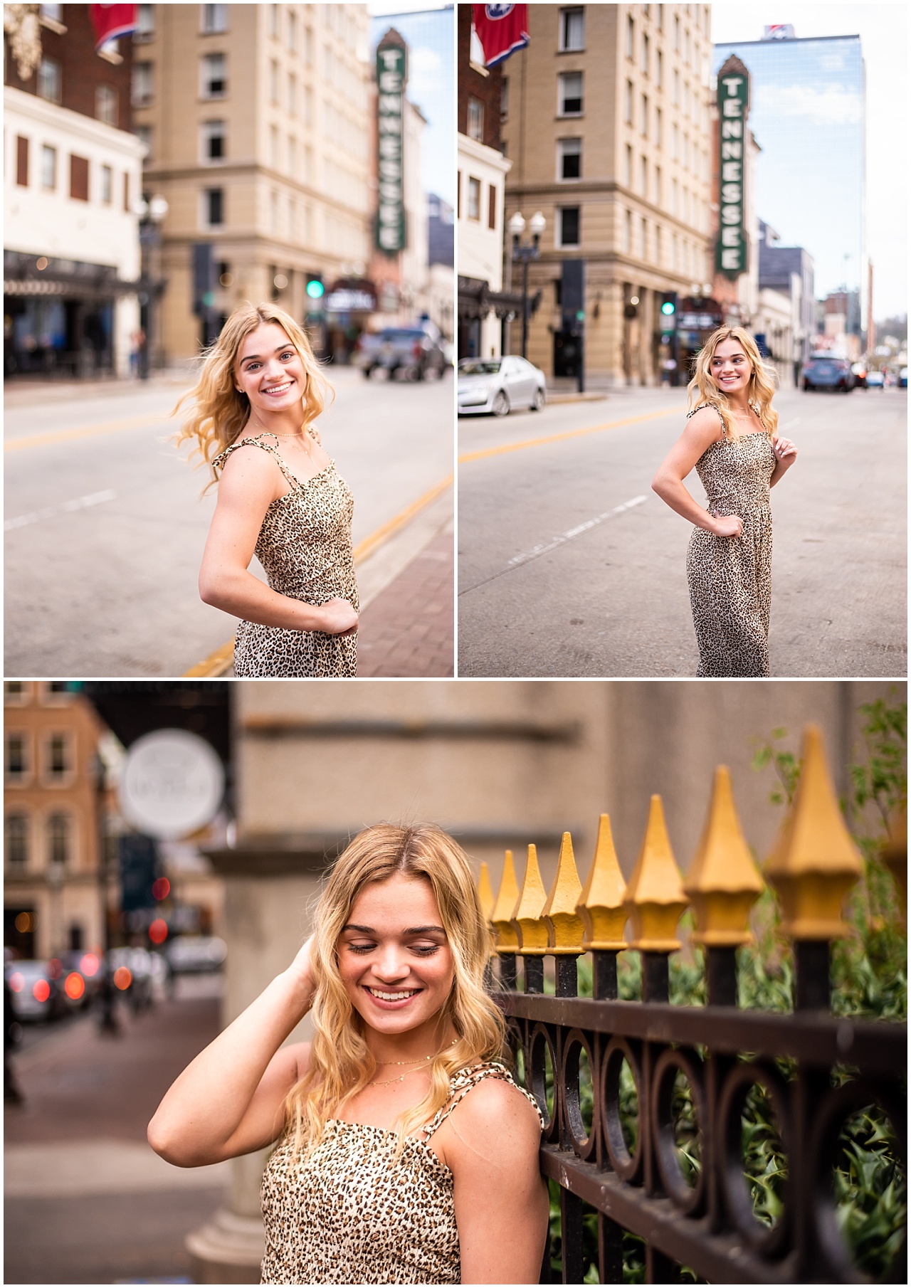 Blonde girl wearing leopard jumpsuit standing in street in downtown Knoxville, Tennessee.