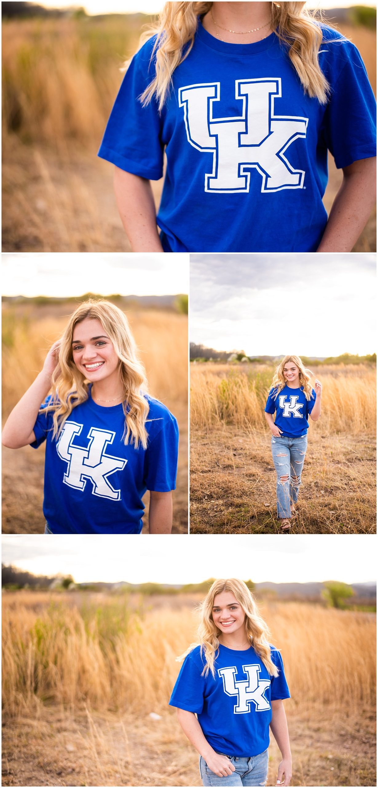Blonde girl in a field wearing University of Kentucky tshirt and jeans and burkes.