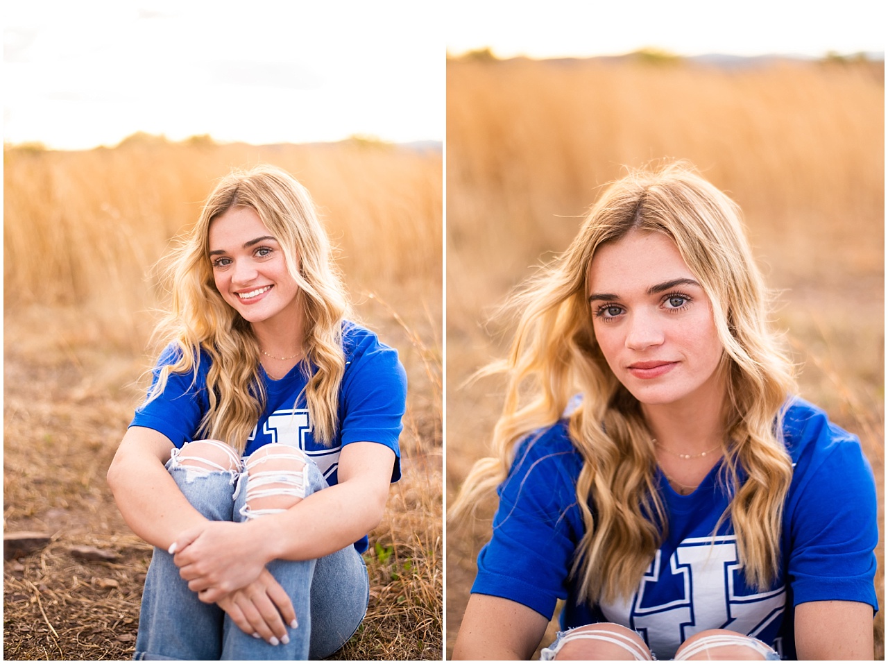 Blonde girl sitting in a field wearing University of Kentucky tshirt and jeans and burkes.