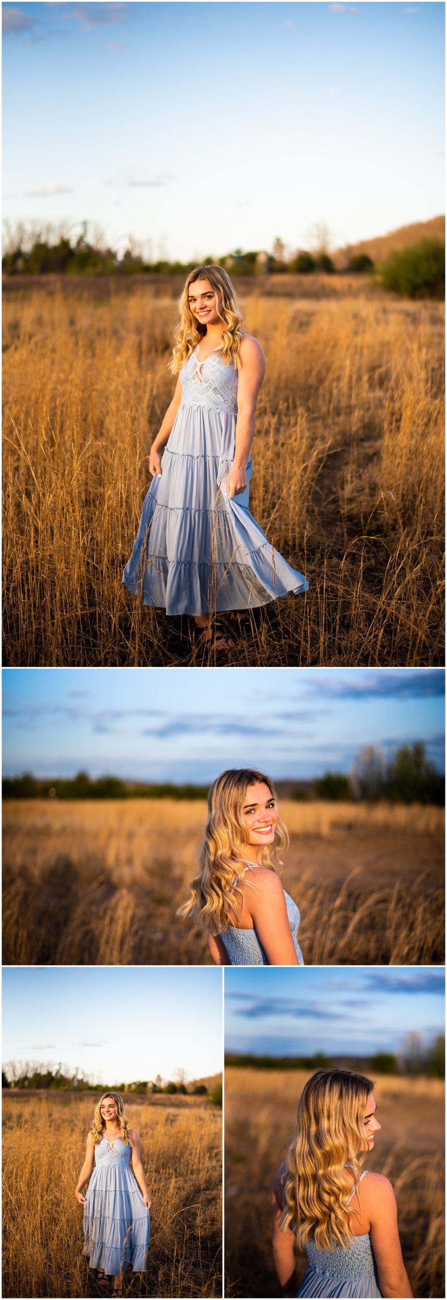 Blonde girl in a field wearing a light blue dress with sandals.
